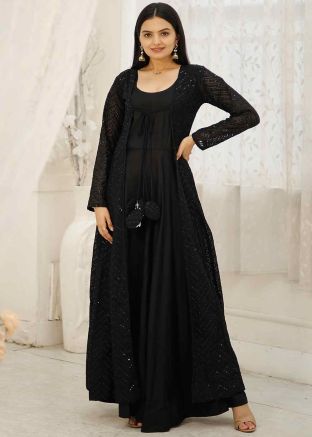 Black Embroidered Readymade Gown With Jacket