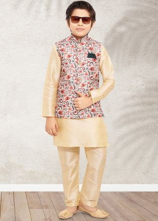 Readymade Kids Cream Kurta Pajama With Jacket