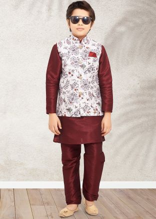 Readymade Maroon Kurta Pajama With Printed Jacket