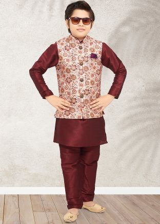 Maroon Kids Kurta Pajama With Nehru Jacket