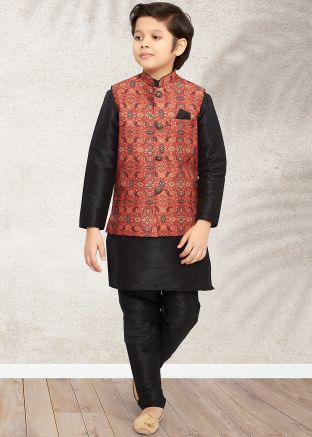 Black Art Silk Kids Kurta & Pajama With Floral Print Jacket