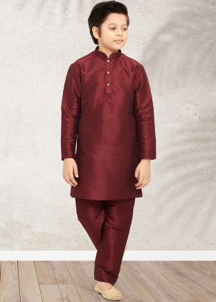 Maroon Kids Art Silk Plain Kurta & Pajama
