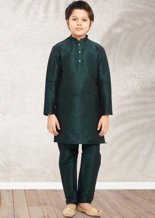 Green Readymade Plain Kurta & Pajama For Kids