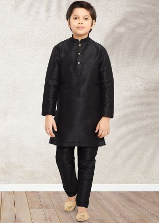 Black Kids Party Kurta & Pajama In Art Silk