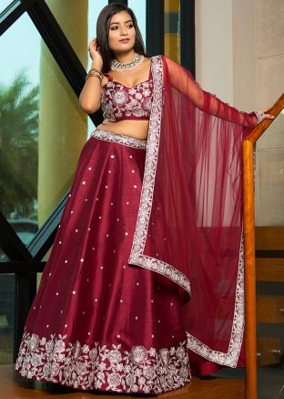 Maroon Thread Embroidered Art Silk Lehenga Choli