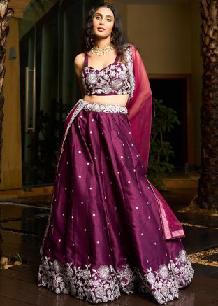 Purple Embroidered Lehenga Choli In Art Silk 