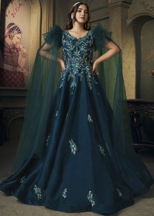 Blue Readymade Sequins Embellished Organza Gown