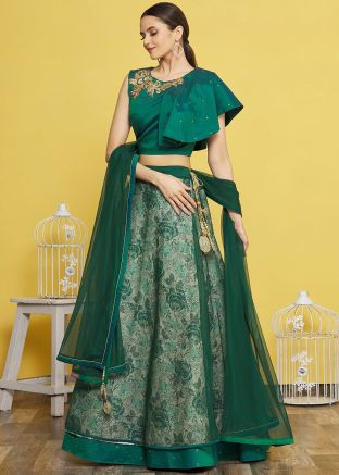 Twin Layered Green Woven Lehenga Choli In Jacquard