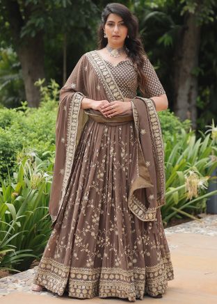Brown Embroidered Georgette Lehenga Choli