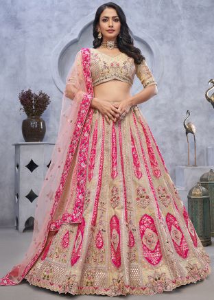 Beige & Pink Embroidered Organza Lehenga Choli