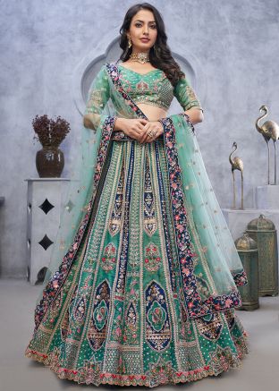 Green & Blue Embroidered Organza Lehenga Choli