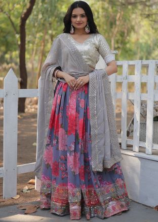 Grey Floral Print Lehenga Choli In Georgette