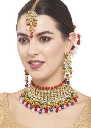 Kundan Studded And Pearls Multicolor Choker Necklace Set