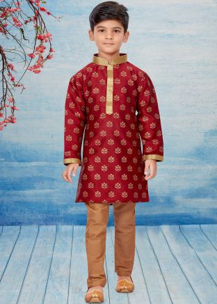 Marooon Kids Readymade Printed Kurta Pajama Set