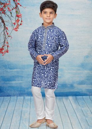 Kids Readymade Blue Floral Printed Kurta & Pajama
