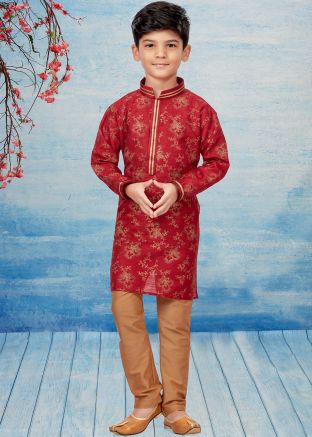 Readymade Maroon Floral Print Kids Kurta Pajama