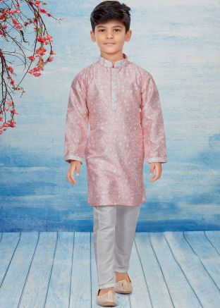 Pink Readymade Kids Kurta Pajama In Floral Print