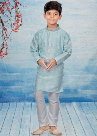 Blue Readymade Floral Print Kurta & Pajama For Kids
