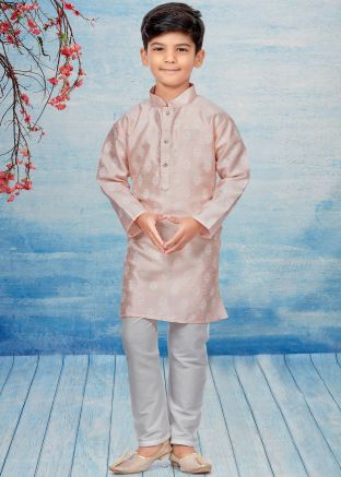 Kids Pink Readymade Printed Kurta Pajama In Dupion Silk