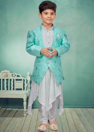 Off White Readymade Kids Asymmetric Kurta Pajama & Jacket