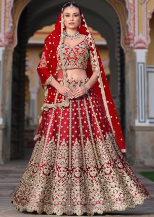 Red Embroidered Net Bridal Lehenga Choli