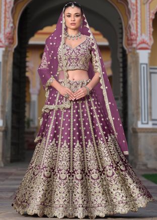 Embroidered Net Purple Lehenga Choli & Dupatta