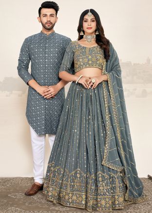 Grey Embroidered Readymade Couple Wear Set