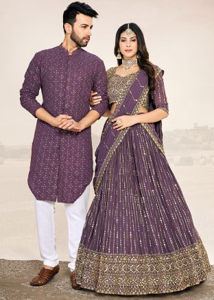 Purple Embroidered Readymade Couple Wear Set