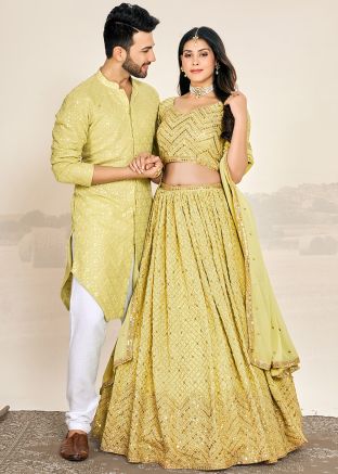 Yellow Embroidered Readymade Couple Wear Set