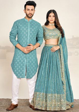 Blue Embroidered Readymade Couple Wear Set