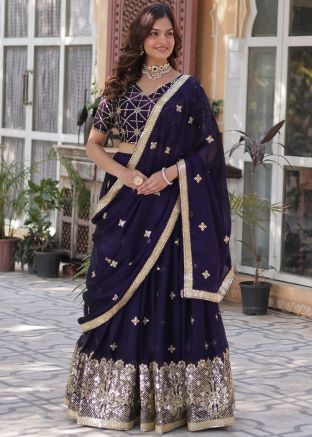 Purple Zari Embroidered Lehenga Choli In Art Silk