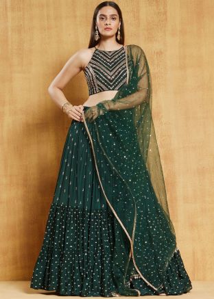 Green Embroidered Lehenga Choli In Velvet