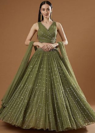Green Embroidered Lehenga Choli In Georgette