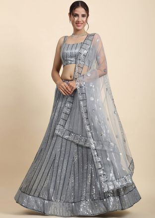 Grey Embroidered Georgette Lehenga Choli