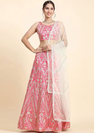 Pink Embroidered Lehenga Choli In Art Silk