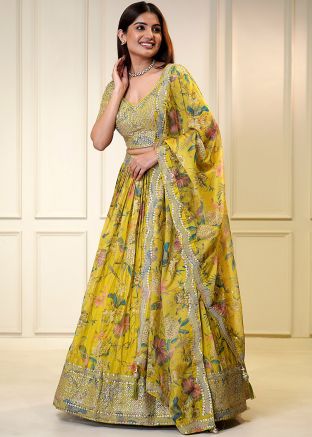 Yellow Floral Print Lehenga Choli In Organza