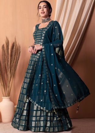 Blue Embroidered Lehenga Choli In Georgette