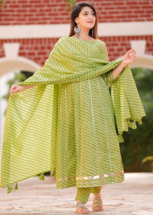 Green Readymade Leheria Block Print Anarkali Pant Suit