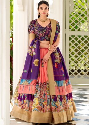 Peach Art Silk Lehenga Choli In Digital Print