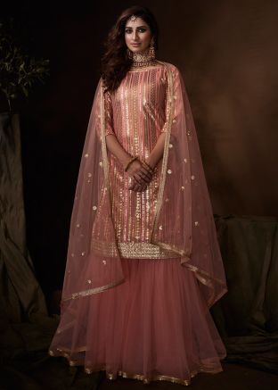 Pink Sequins Embellished Net Gharara Suit With Dupatta