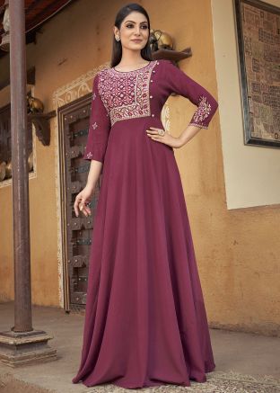 Dark Pink Embroidered Gown In Cotton