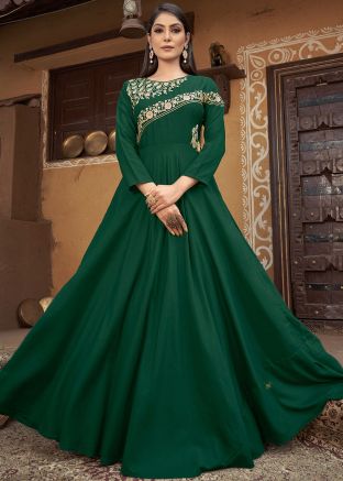 Green Readymade Embroidered Gown In Cotton