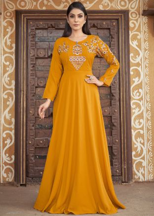 Readymade Yellow Embroidered Cotton Gown