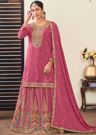 Pink Embroidered Kurti Style Lehenga In Chiffon