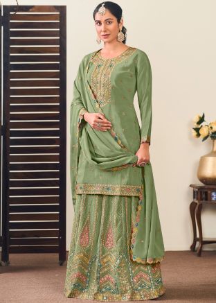 Green Embroidered Readymade Kurti Style Lehenga