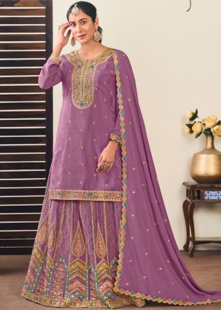 Purple Readymade Embroidered Kurti Style Lehenga In Chiffon