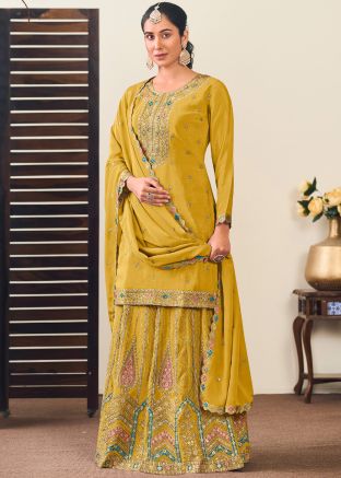 Readymade Yellow Embroidered Chiffon Kurti Style Lehenga
