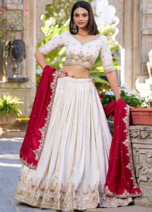White Embroidered Lehenga Choli In Art Silk