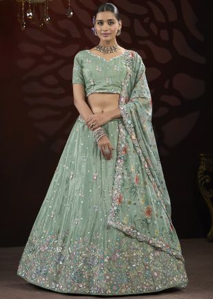 Green Embroidered Lehenga Choli In Net