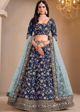 Navy Blue Embroidered Lehenga Choli In Art Silk